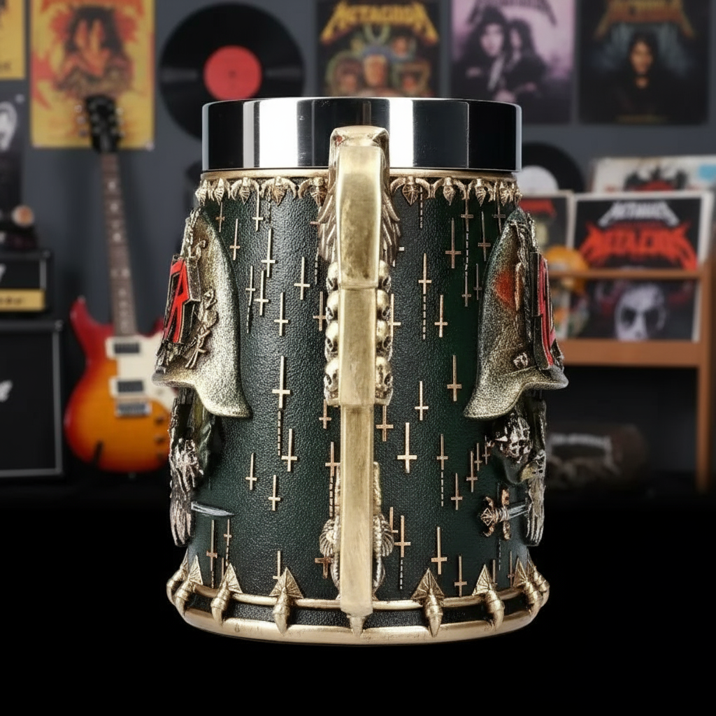 Slayer tankard back view with centered handle in metalhead's room