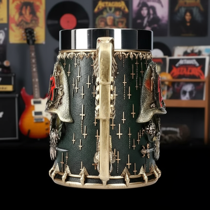 Slayer tankard back view with centered handle in metalhead's room
