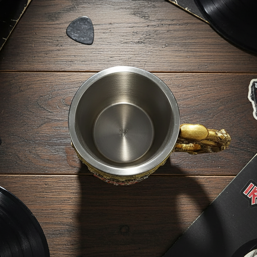 Slayer tankard overhead view on metalhead's desk