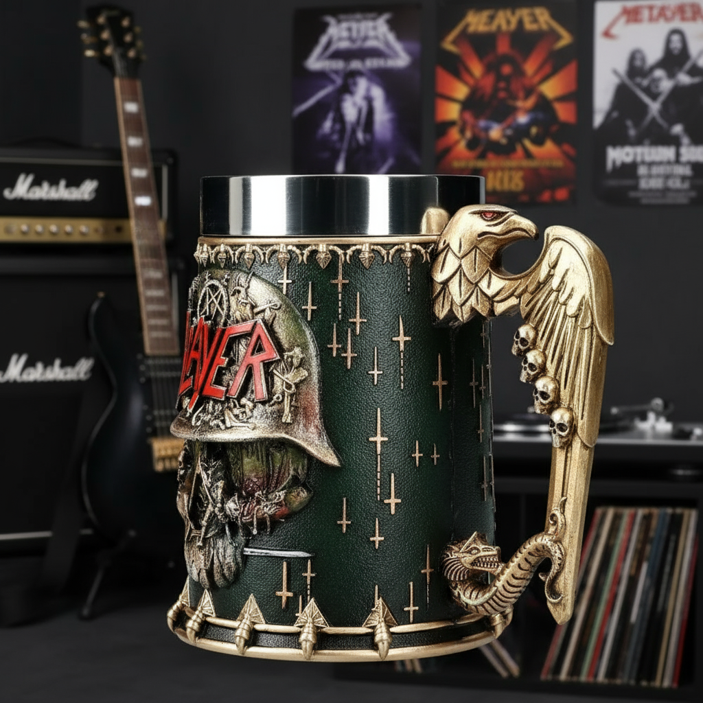 Slayer tankard side view in metalhead's room